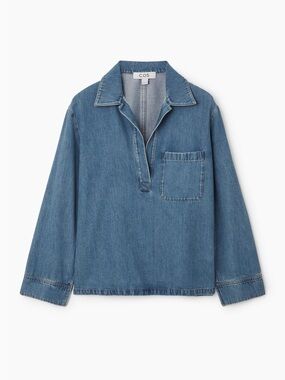 COS Collared V-Neck Denim Top in Washed Blue